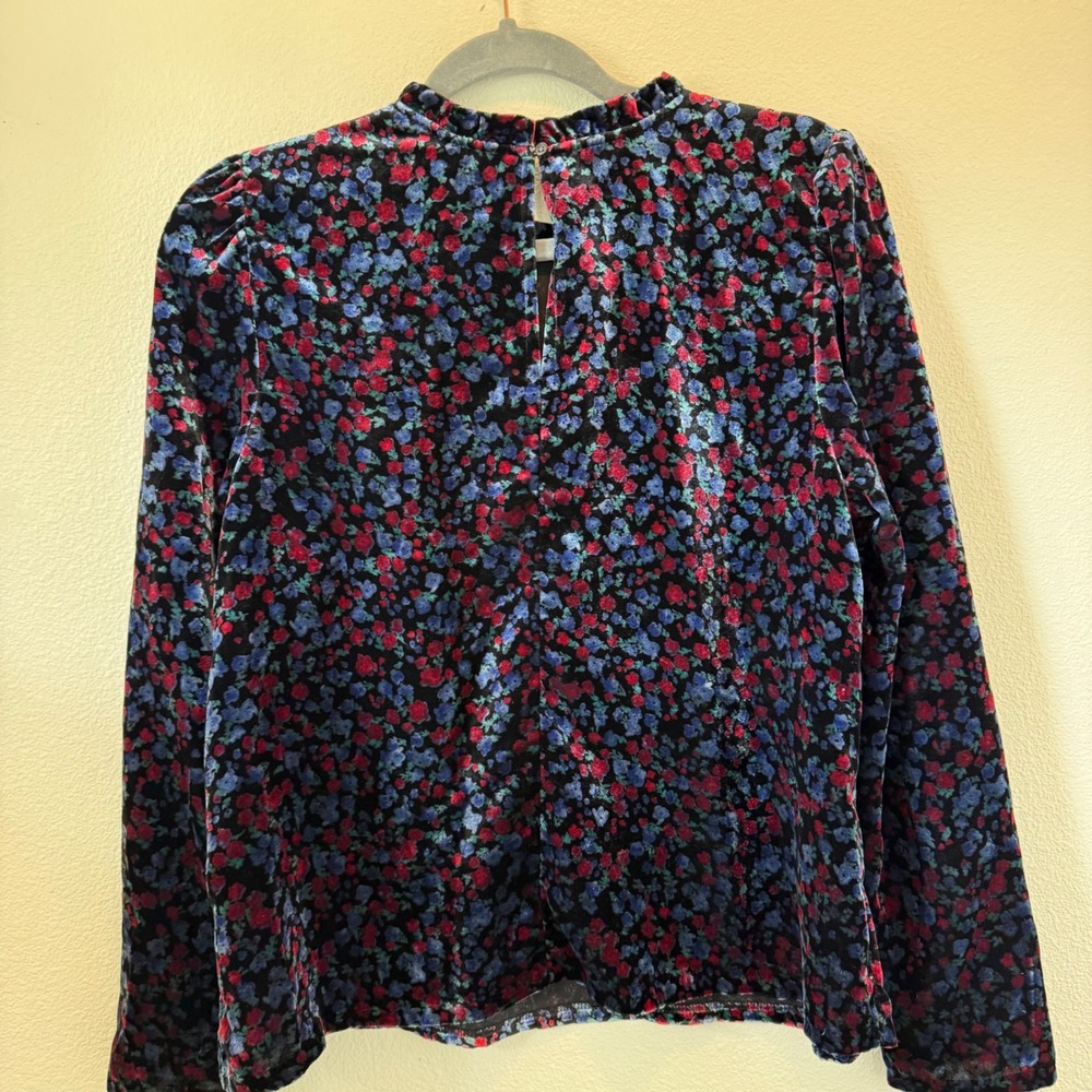 Gap Womens Floral‎ Velvet Puff Sleeve Mock Neck Ruffle Blouse Blue Red Black M - Picture 8 of 13